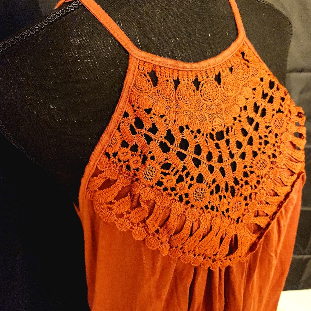 Crocheted front burnt orange tunic top
